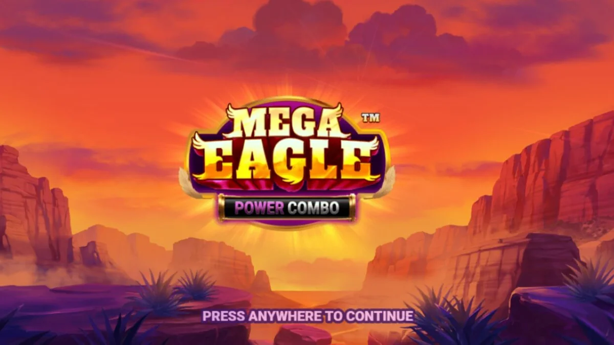 Tampilan visual slot Mega Eagle Power Combo dengan latar belakang pegunungan dan elemen neon.