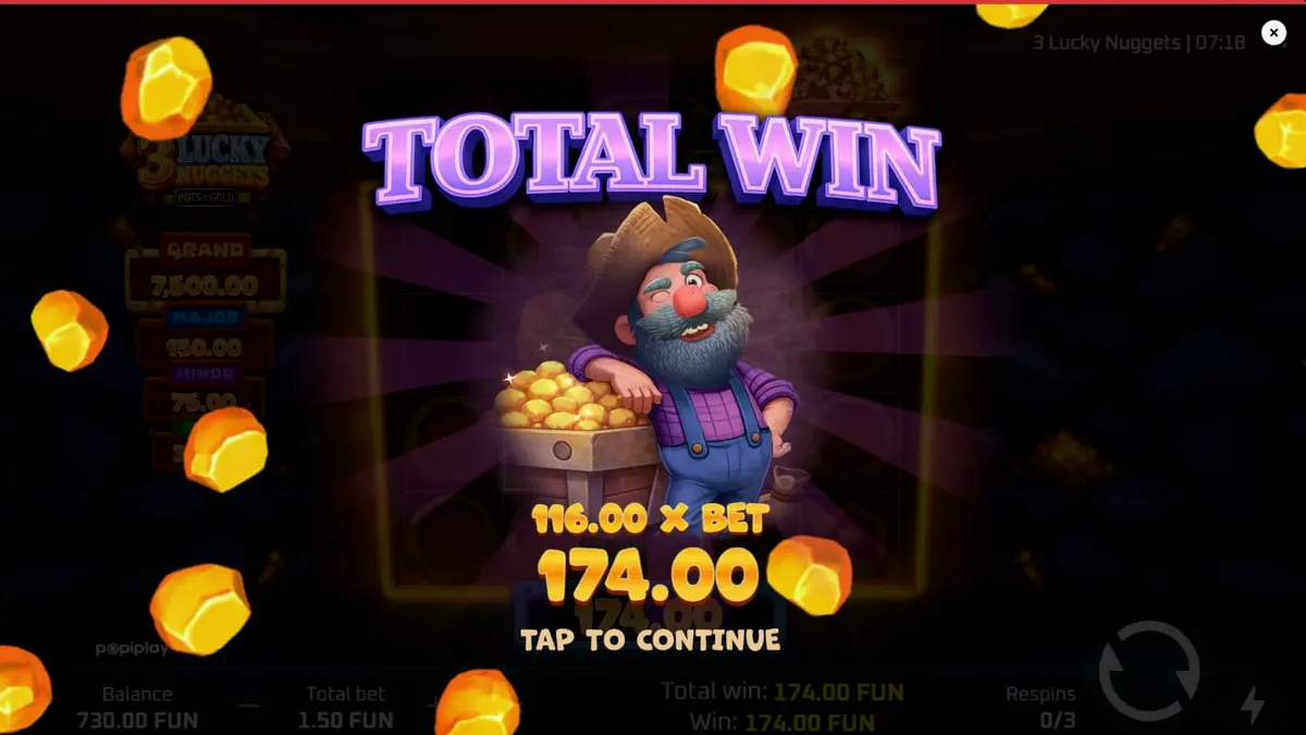 Tampilan visual slot 3 Lucky Nuggets dengan tema pertambangan emas