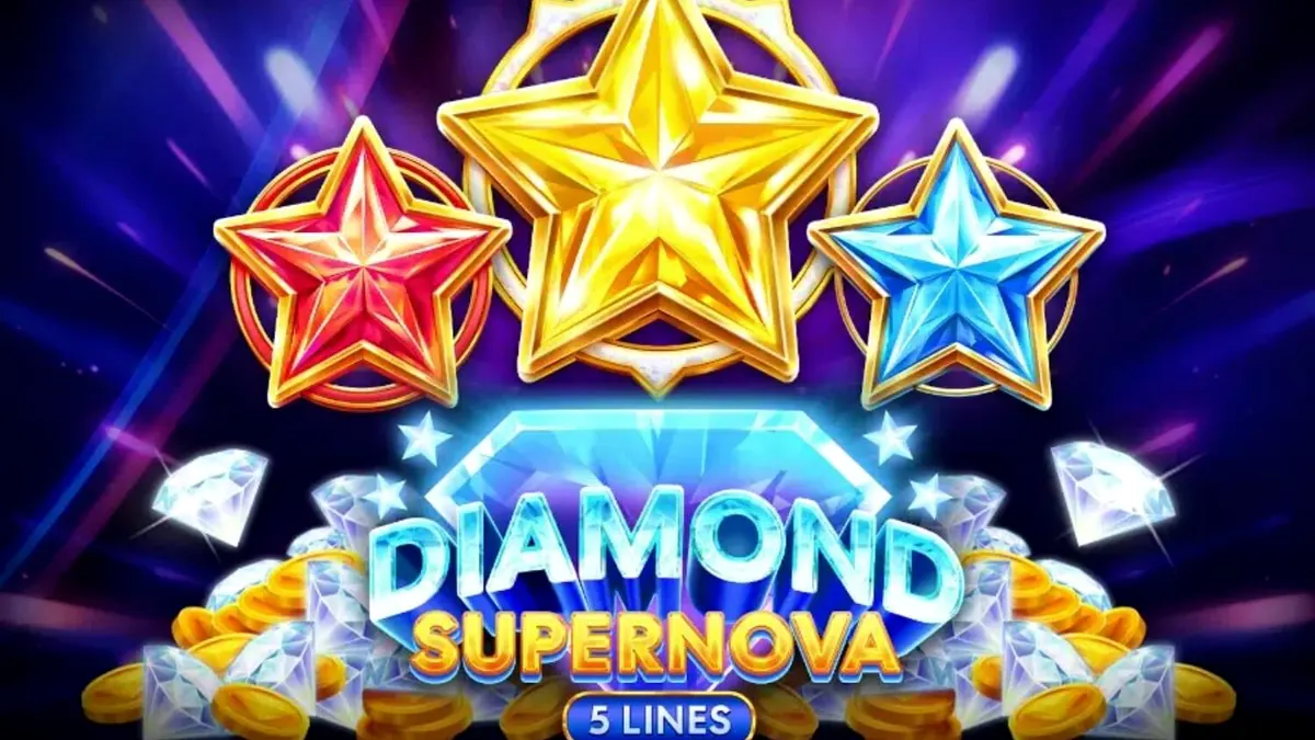 Tampilan visual slot Diamond Supernova dengan latar belakang luar angkasa dan simbol berlian yang berkilau.