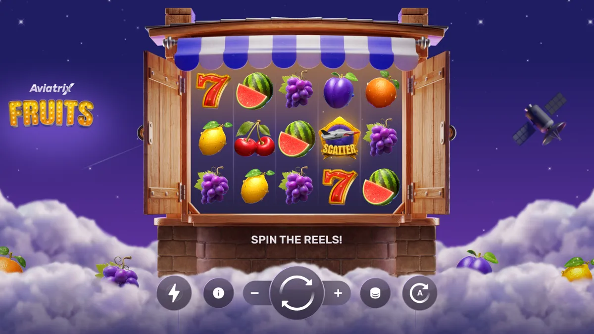 Tampilan visual slot Aviatrix Fruits dengan tema pesawat dan buah-buahan